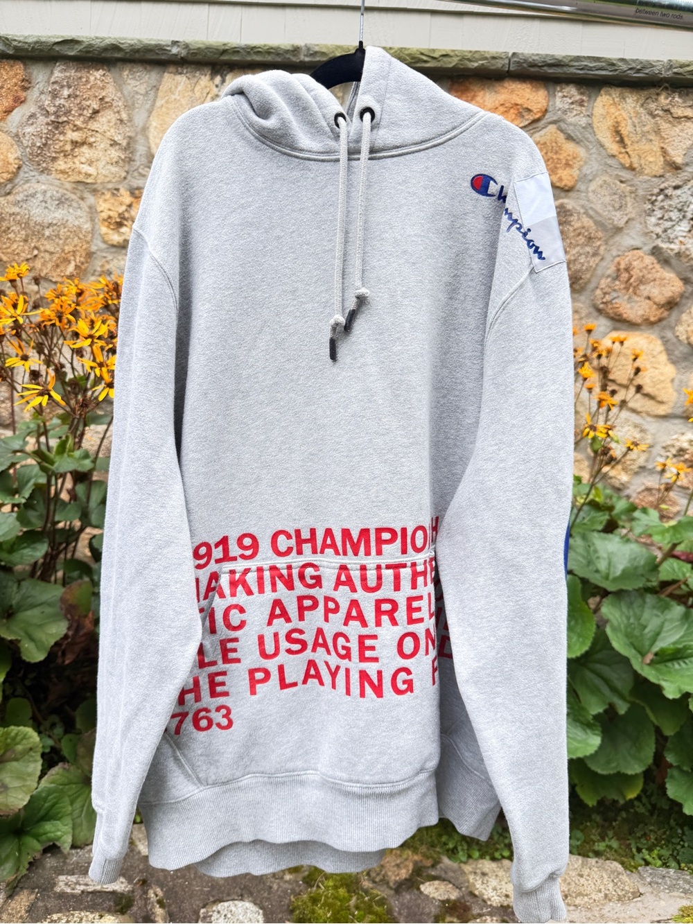 Champion Light Gray Crewneck Hoodie with Red Graphic Text
